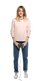 Photo of Emotional young woman playing video games with controller isolated on white