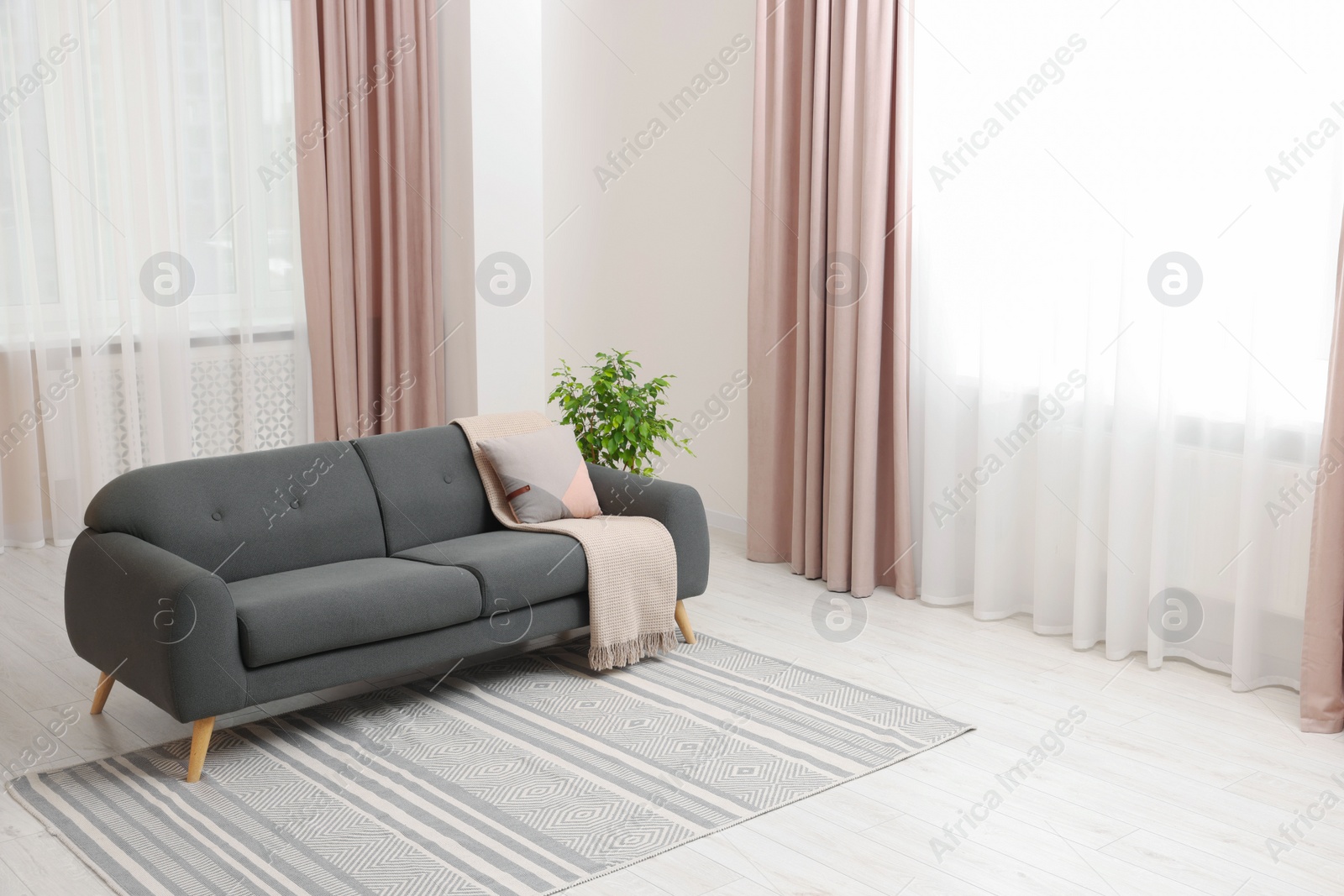 Photo of Stylish living room interior with cozy sofa, houseplant and elegant curtains