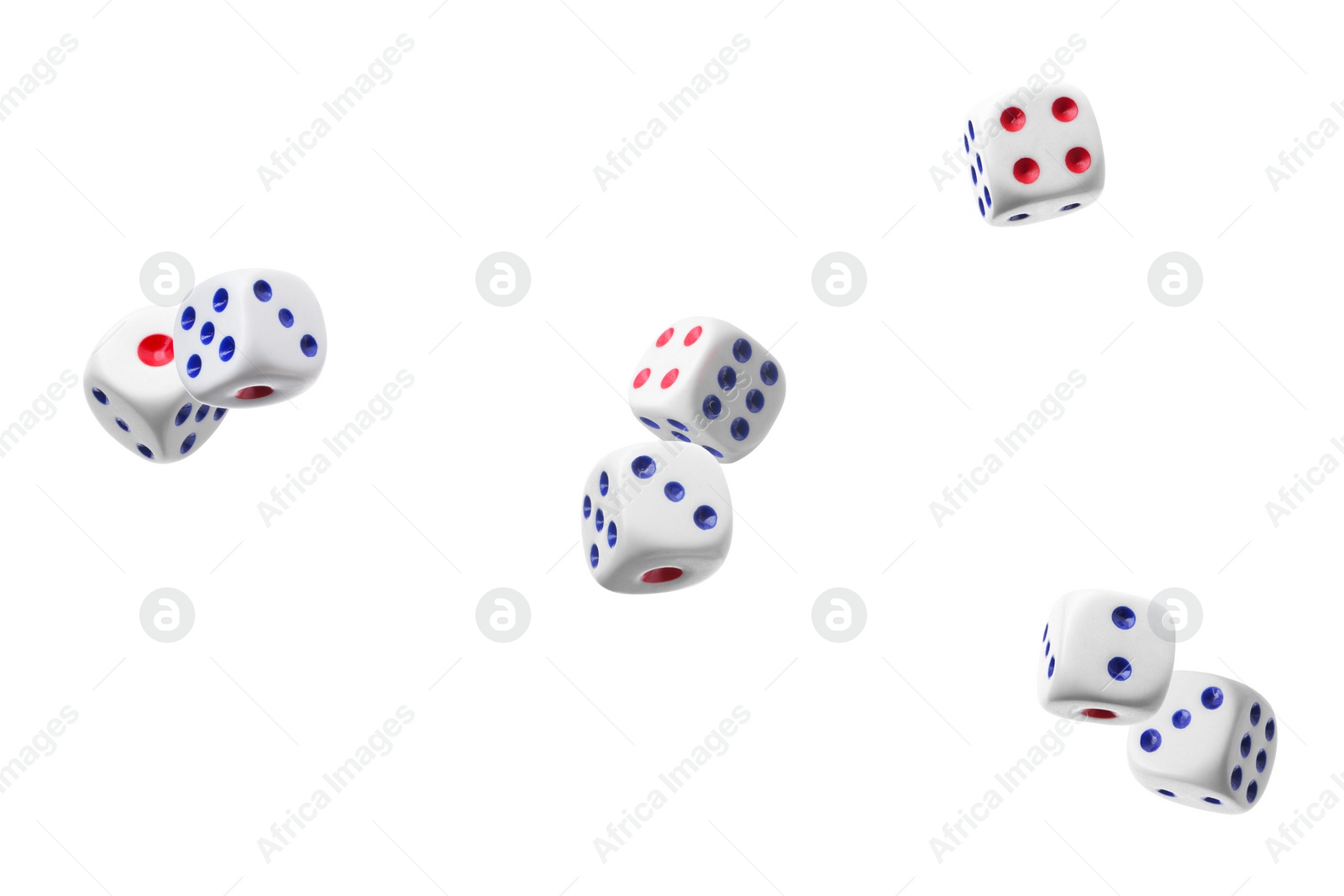 Image of Seven dice in air on white background