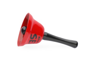 Photo of Red sex bell toy on white background, top view