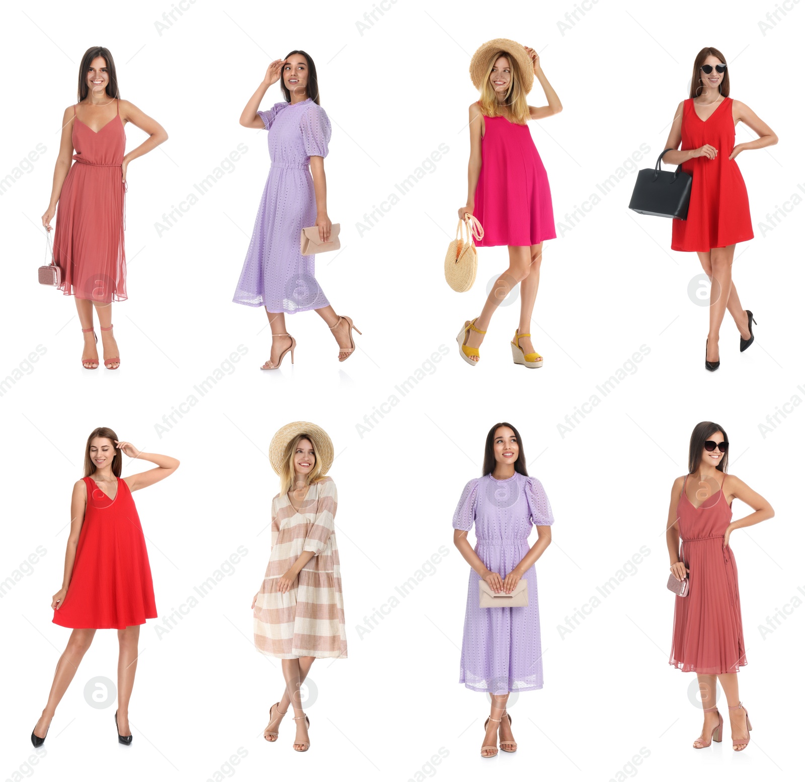 Image of Collage with photos of women wearing different dresses on white background