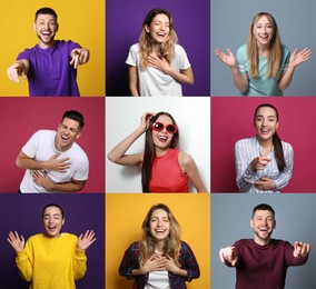 Collage with photos of people laughing on different color backgrounds