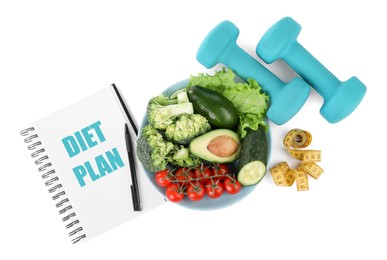 Photo of Notebook with phrase Diet Plan, dumbbells, measuring tape and products on white background, top view