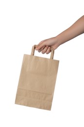 Photo of Woman with paper bag on white background, closeup