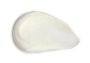 Photo of Delicious sour cream on white background, top view. Dairy product