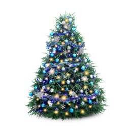 Image of Christmas tree decorated with ornaments and festive lights isolated on white