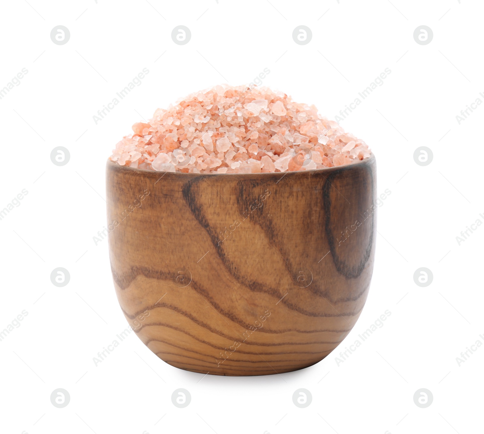 Photo of Pink himalayan salt in wooden bowl isolated on white