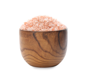 Photo of Pink himalayan salt in wooden bowl isolated on white