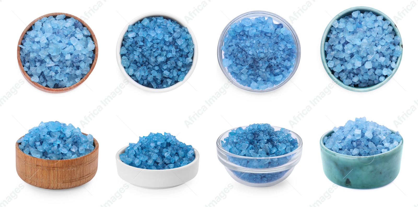 Image of Sea salt in bowls isolated on white, top and views