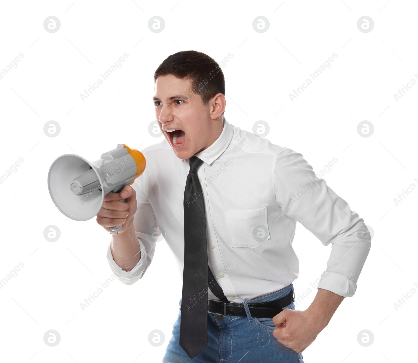 Photo of Portrait of emotional businessman using megaphone on white background