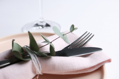 Photo of Stylish elegant table setting on white background, closeup