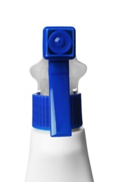 Photo of Spray bottle of cleaning product on white background, closeup