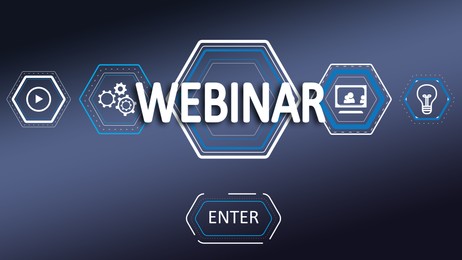Illustration of Online webinar. Web page with different icons and Enter button on dark blue background