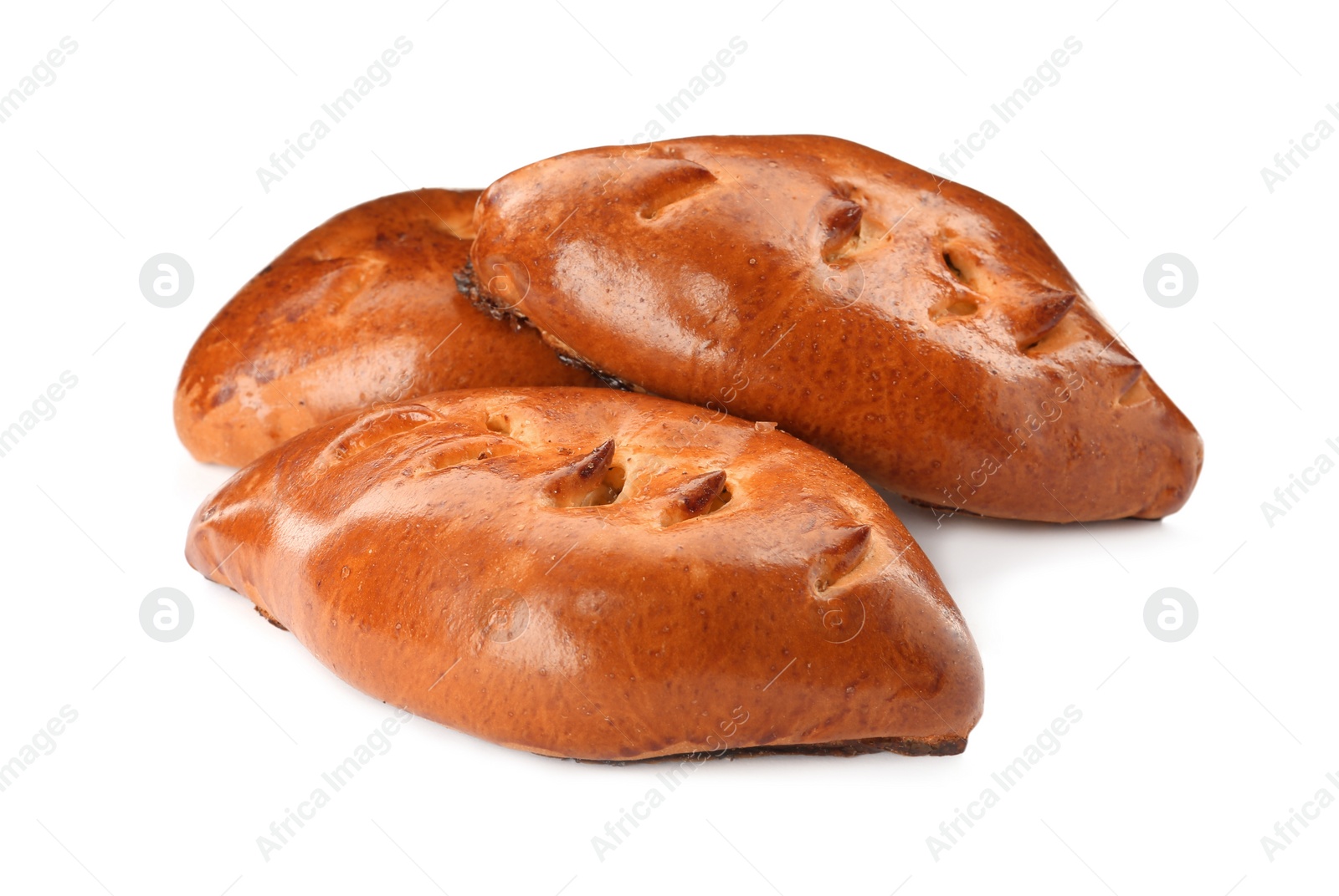 Photo of Many delicious baked patties on white background