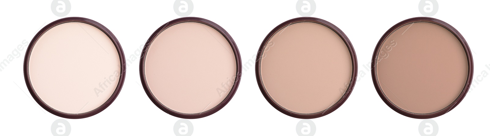 Image of Compact face powders of different shades isolated on white, collection. Top view