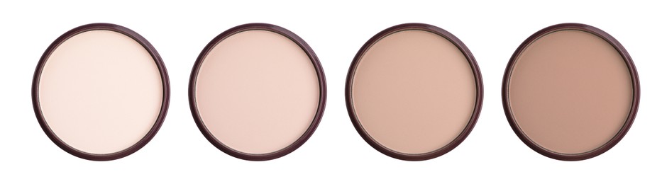 Image of Compact face powders of different shades isolated on white, collection. Top view