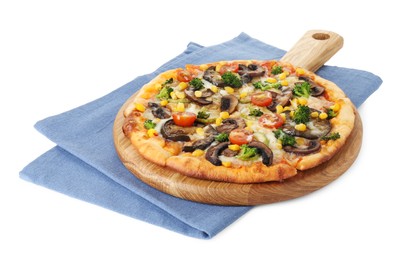 Photo of Delicious vegetarian pizza with mushrooms and vegetables isolated on white