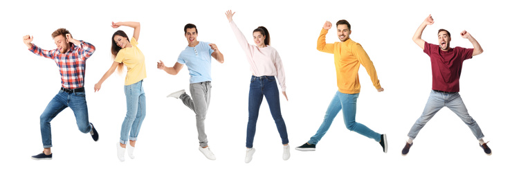 Image of Collage of emotional people jumping on white background. Banner design