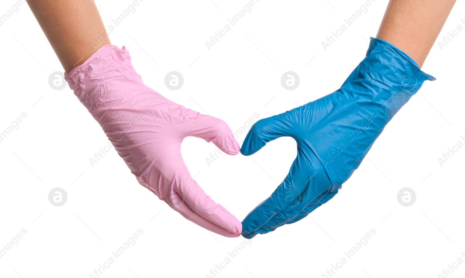 Photo of Doctor making heart with hands in different medical gloves on white background