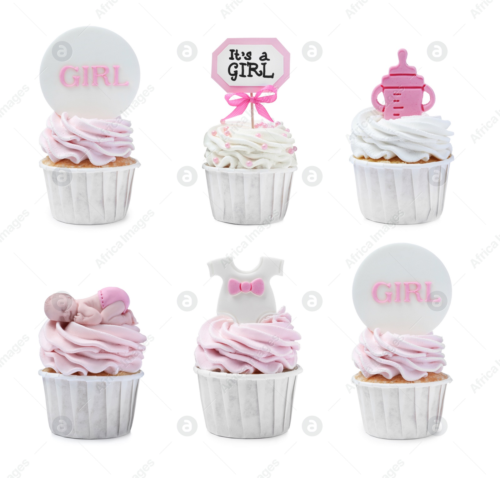 Image of Beautifully decorated baby shower cupcakes for girl on white background, collage