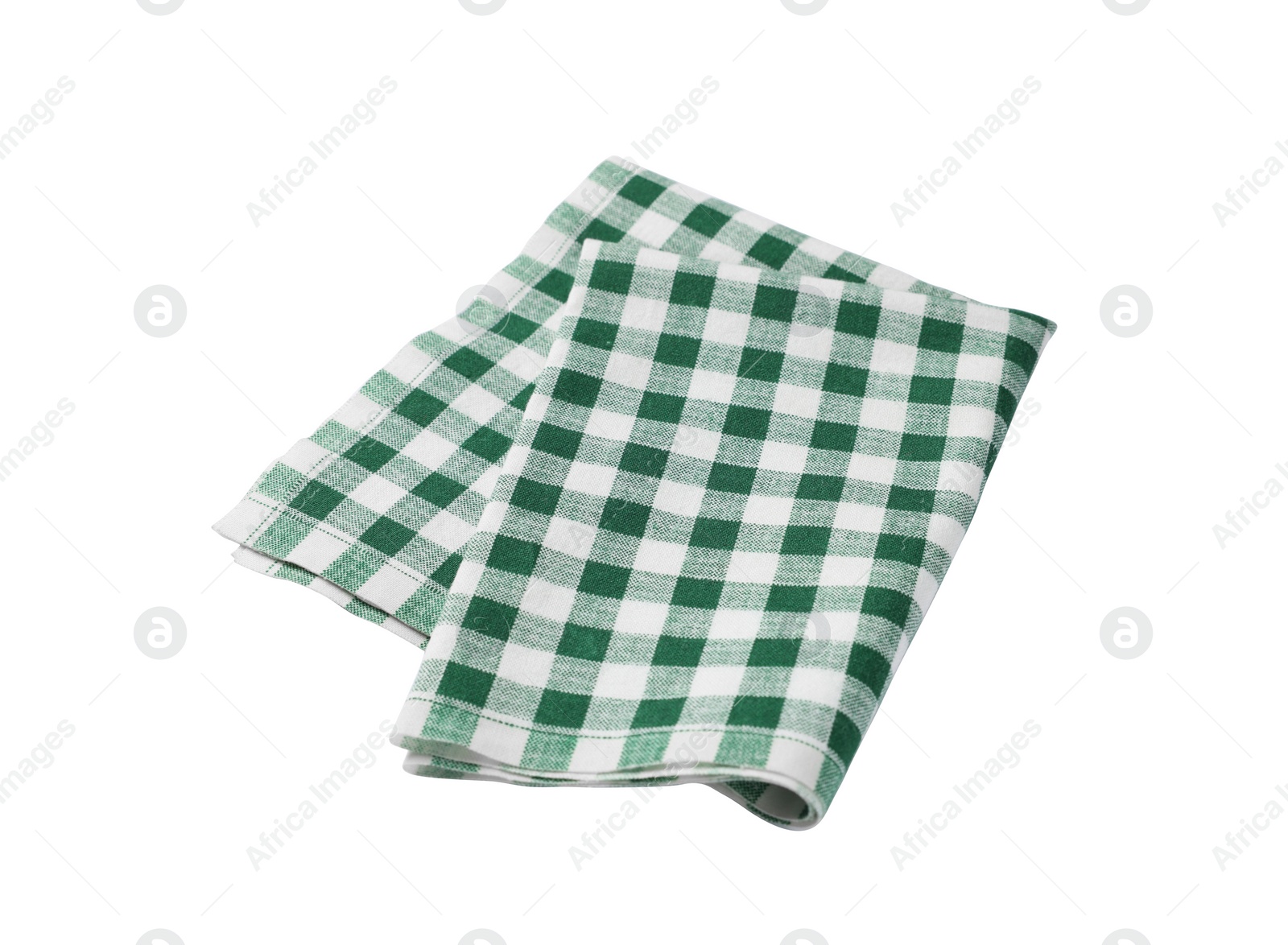 Photo of New green checkered tablecloth on white background