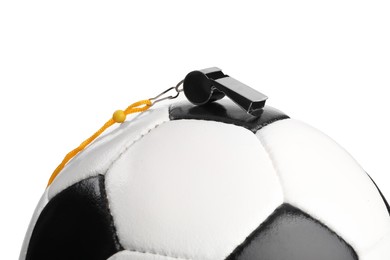 Photo of Football referee equipment. Soccer ball and whistle on white background