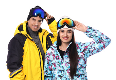 Couple wearing stylish winter sport clothes on white background