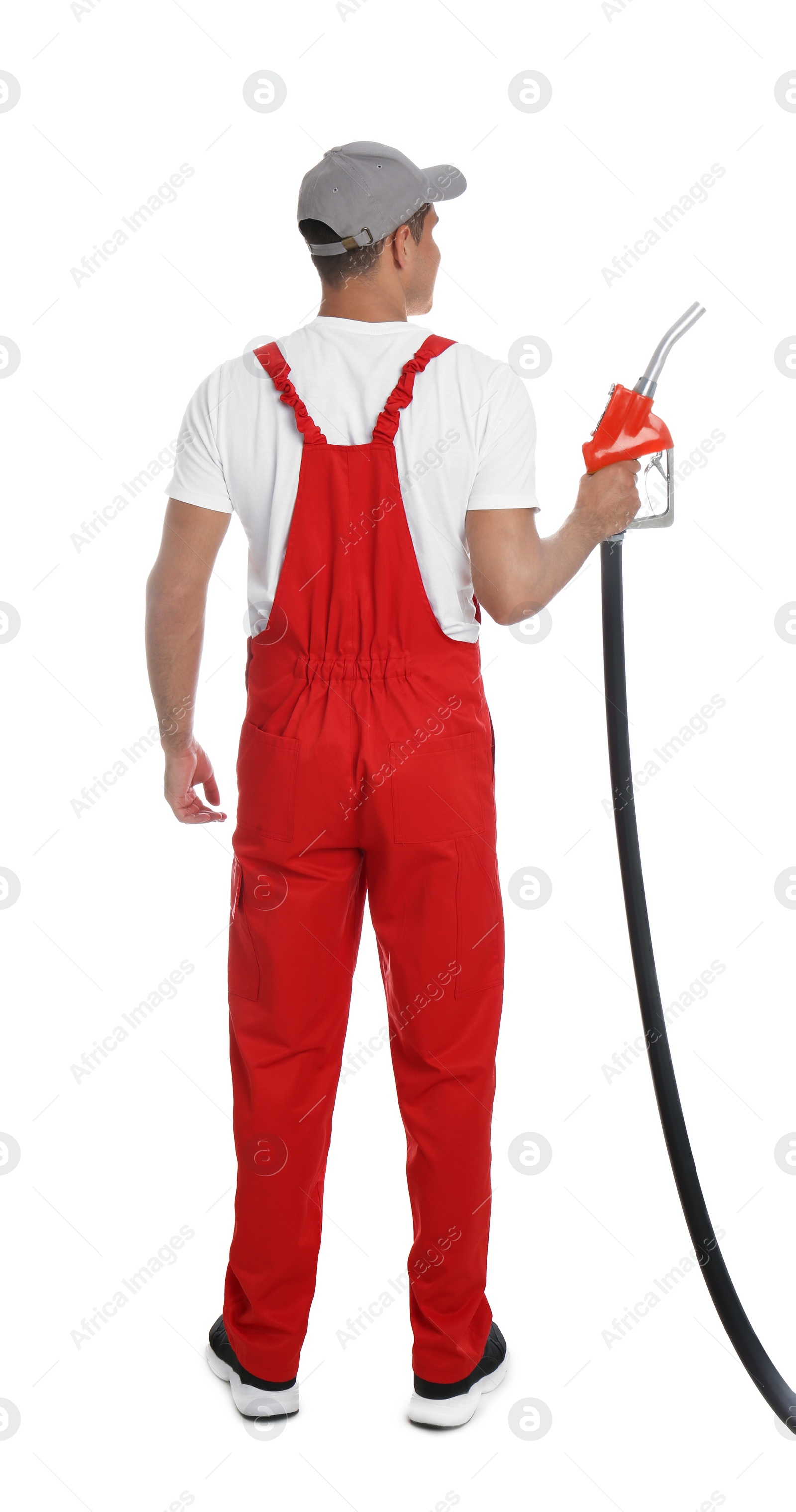 Photo of Gas station worker with fuel nozzle on white background, back view