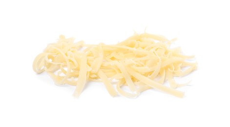 Photo of Pile of tasty grated cheese isolated on white