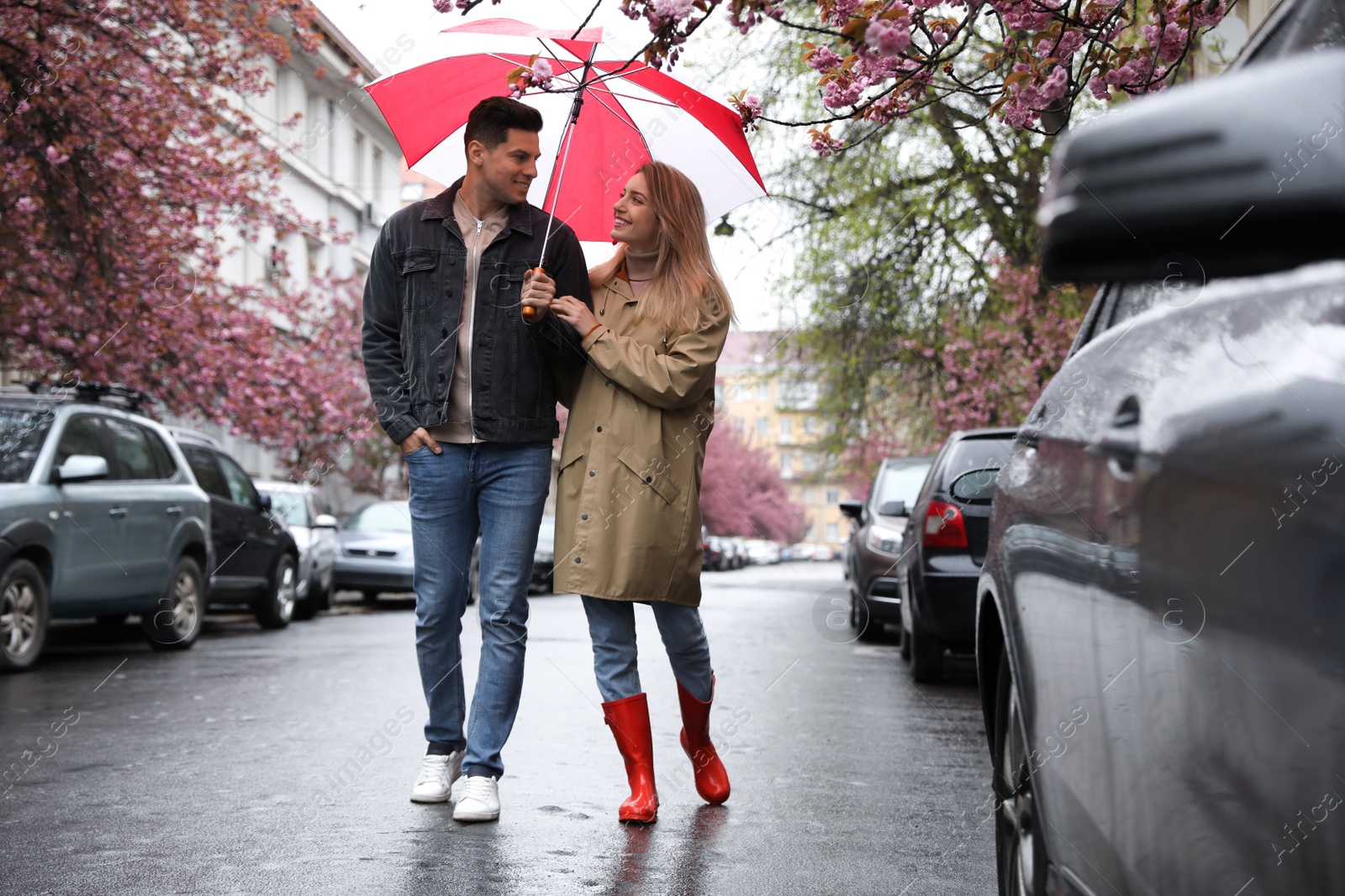 Photo of Lovely couple with umbrella walking on spring day