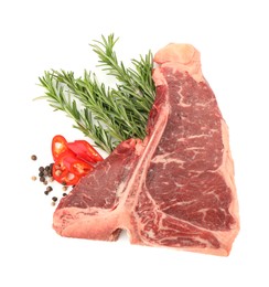 Photo of Raw t-bone beef steak and spices isolated on white, top view