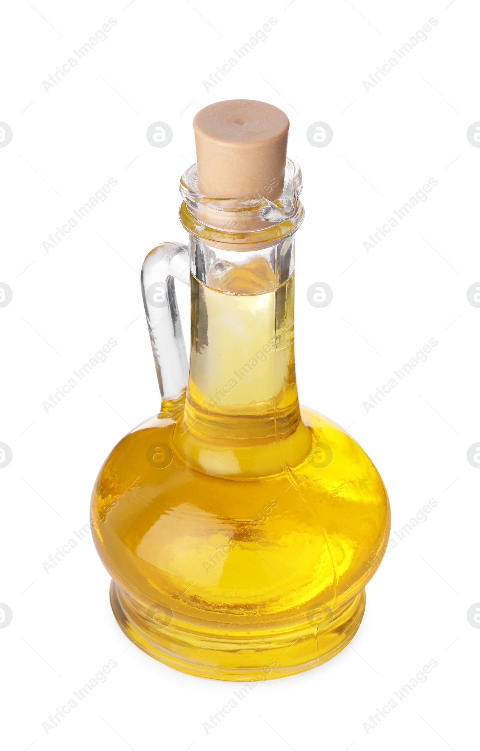 Photo of Glass jug of cooking oil isolated on white