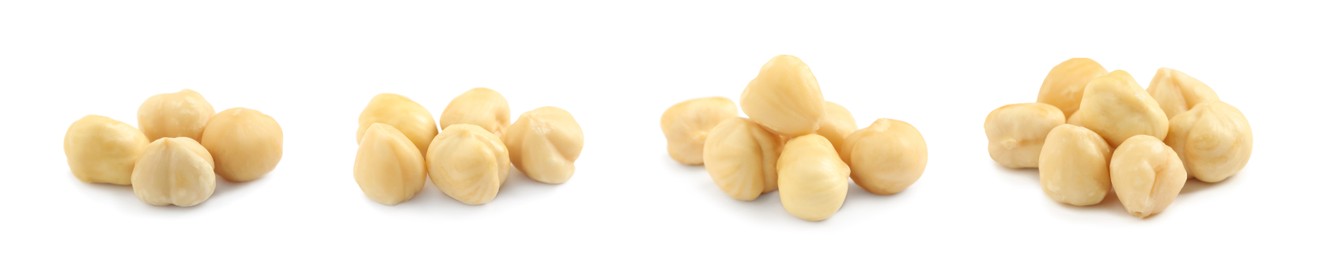 Image of Set with tasty hazelnuts on white background. Banner design