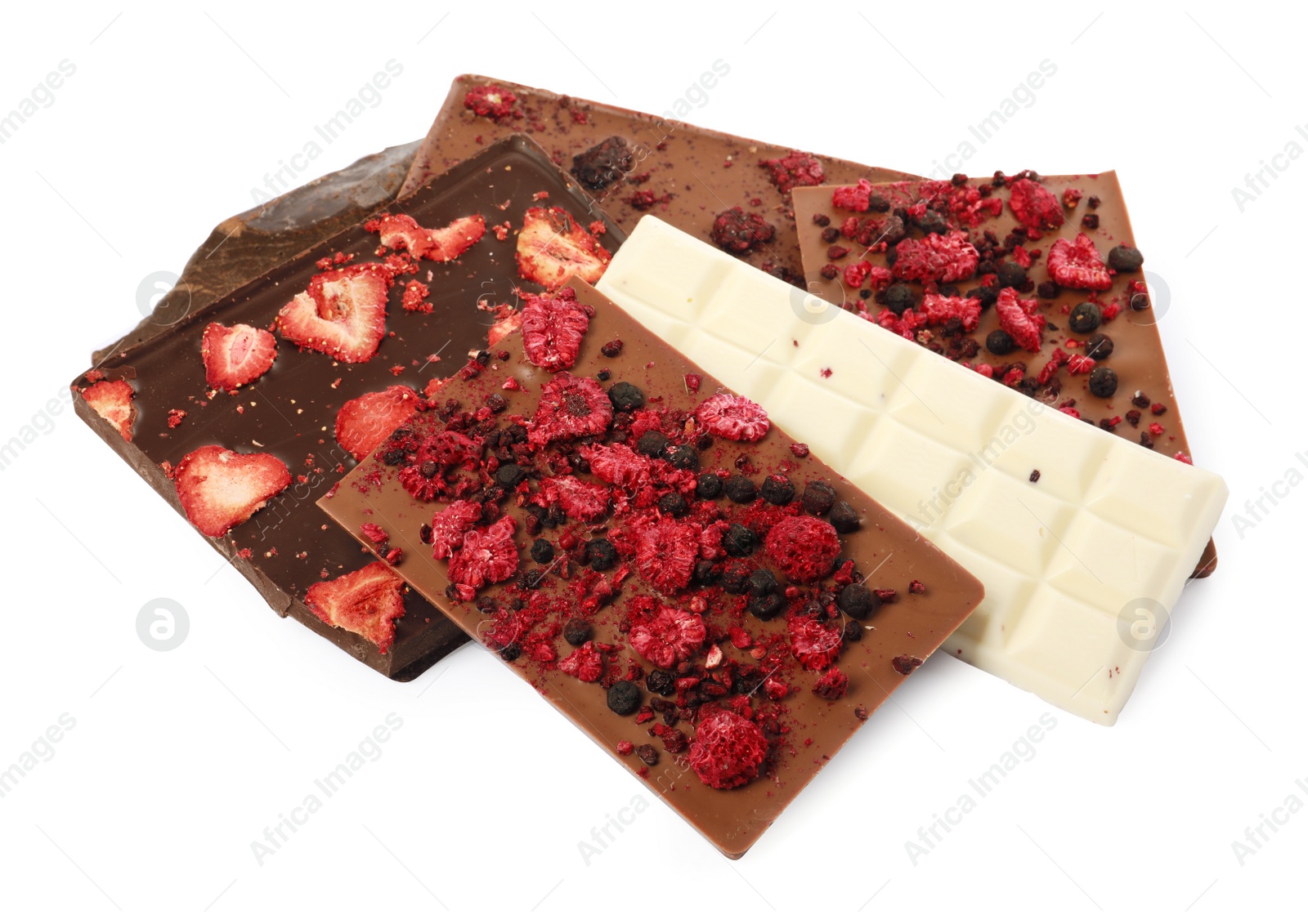 Photo of Chocolate bar with freeze dried berries on white background