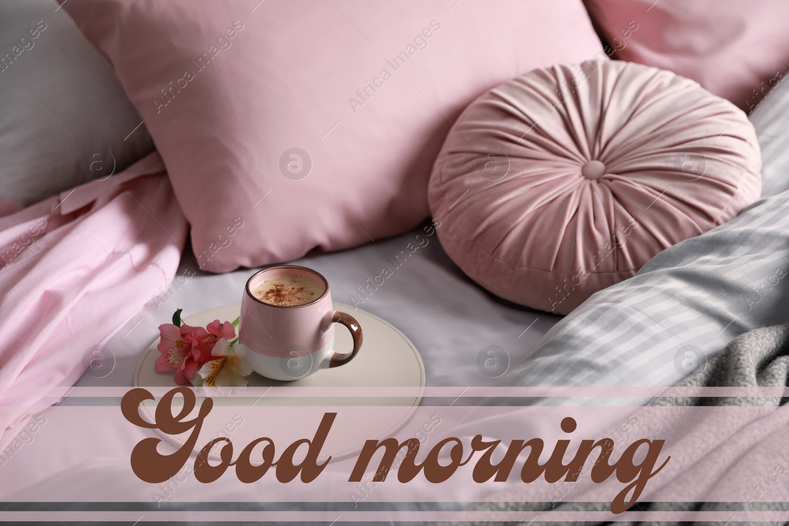 Image of Aromatic coffee and beautiful flowers on bed with fresh linens. Good morning