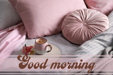 Aromatic coffee and beautiful flowers on bed with fresh linens. Good morning