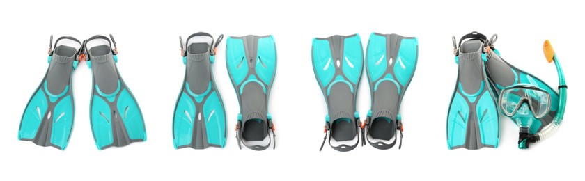 Set with turquoise flippers on white background, top view. Banner design