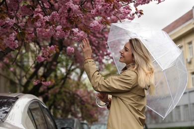 Young woman with umbrella near blossoming tree on spring day