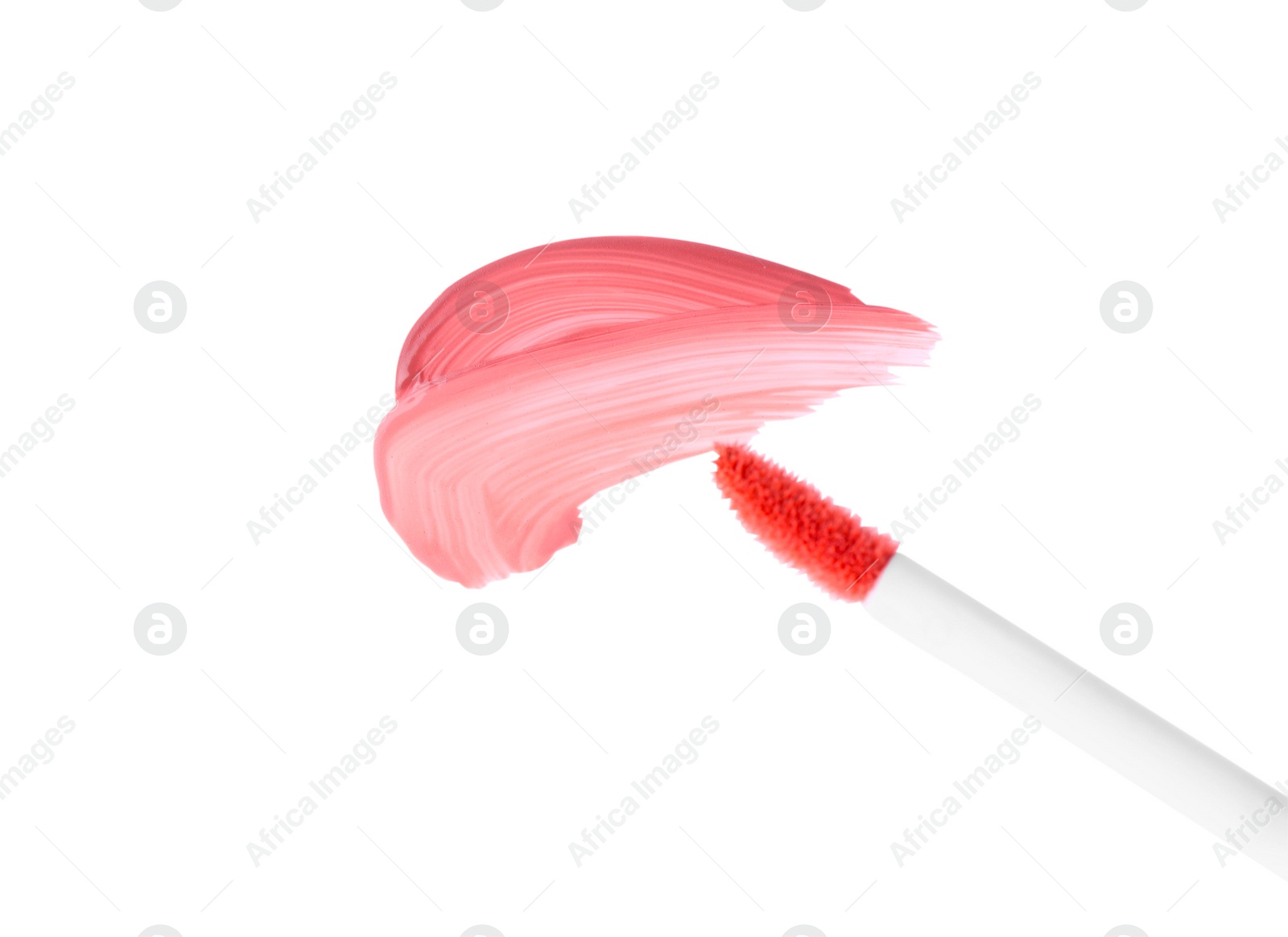 Photo of Strokes of color lip glosses and applicator isolated on white, top view