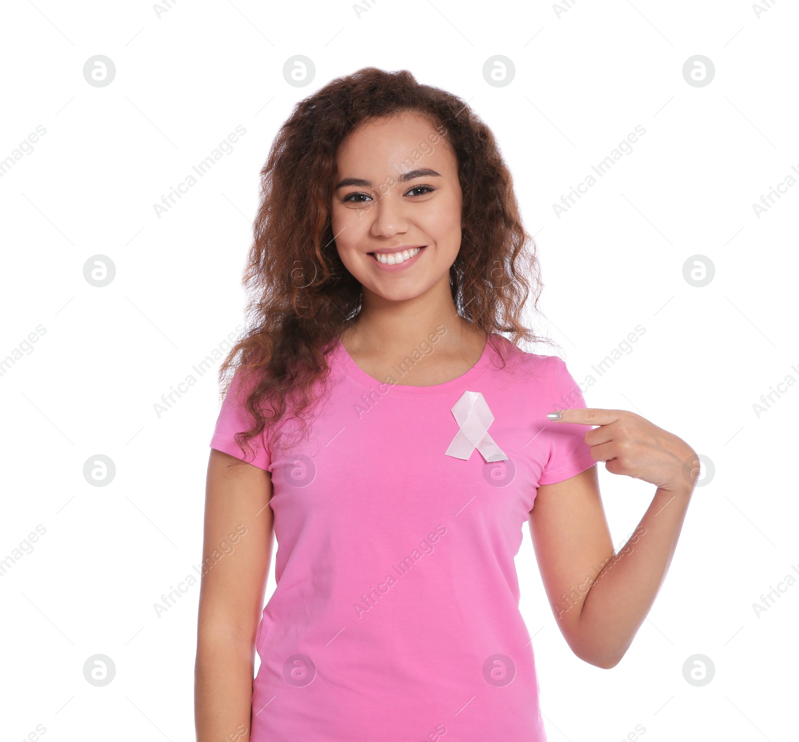 Photo of African-American woman with silk ribbon on white background. Breast cancer awareness concept