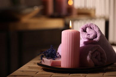 Beautiful composition with different spa products on wicker bench indoors, space for text