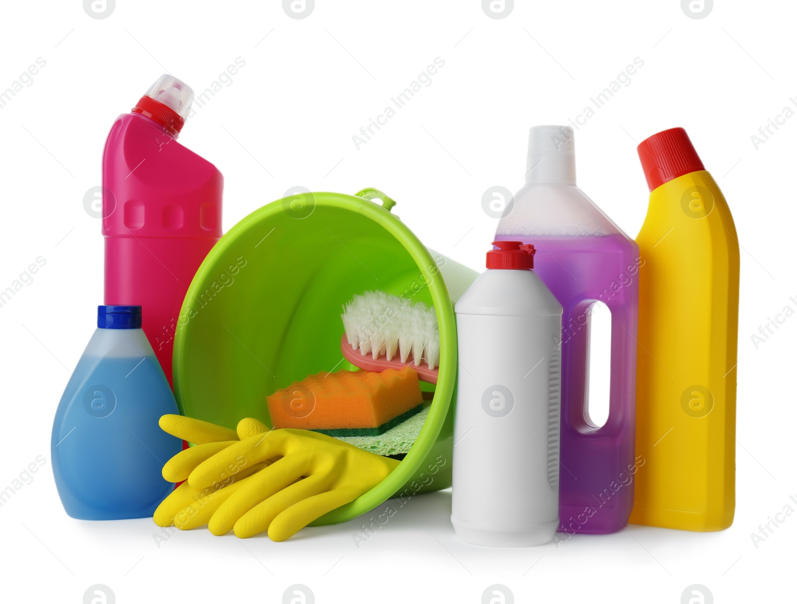 Photo of Set of different cleaning supplies on white background