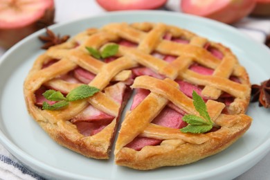 Delicious apple pie with mint on table, closeup