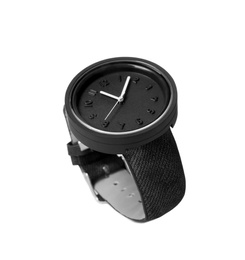 Stylish wrist watch on white background. Fashion accessory