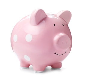 Pink piggy bank on white background. Money saving