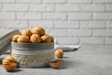 Delicious nut shaped cookies with boiled condensed milk on light grey table. Space for text