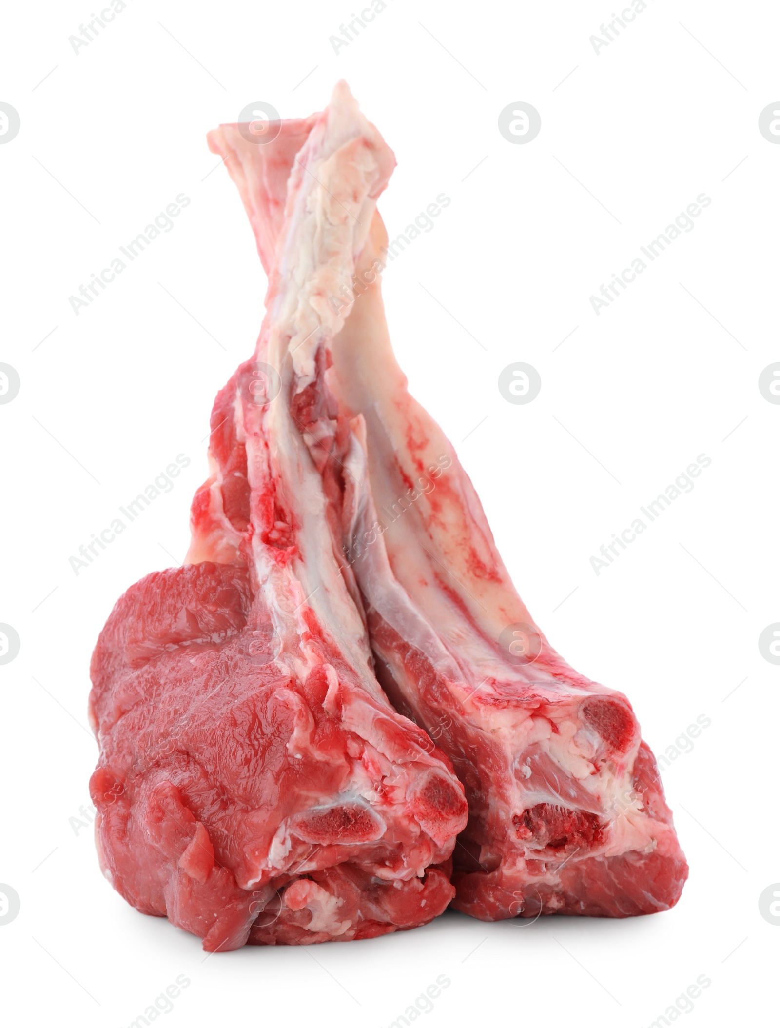 Photo of Pieces of raw beef meat isolated on white