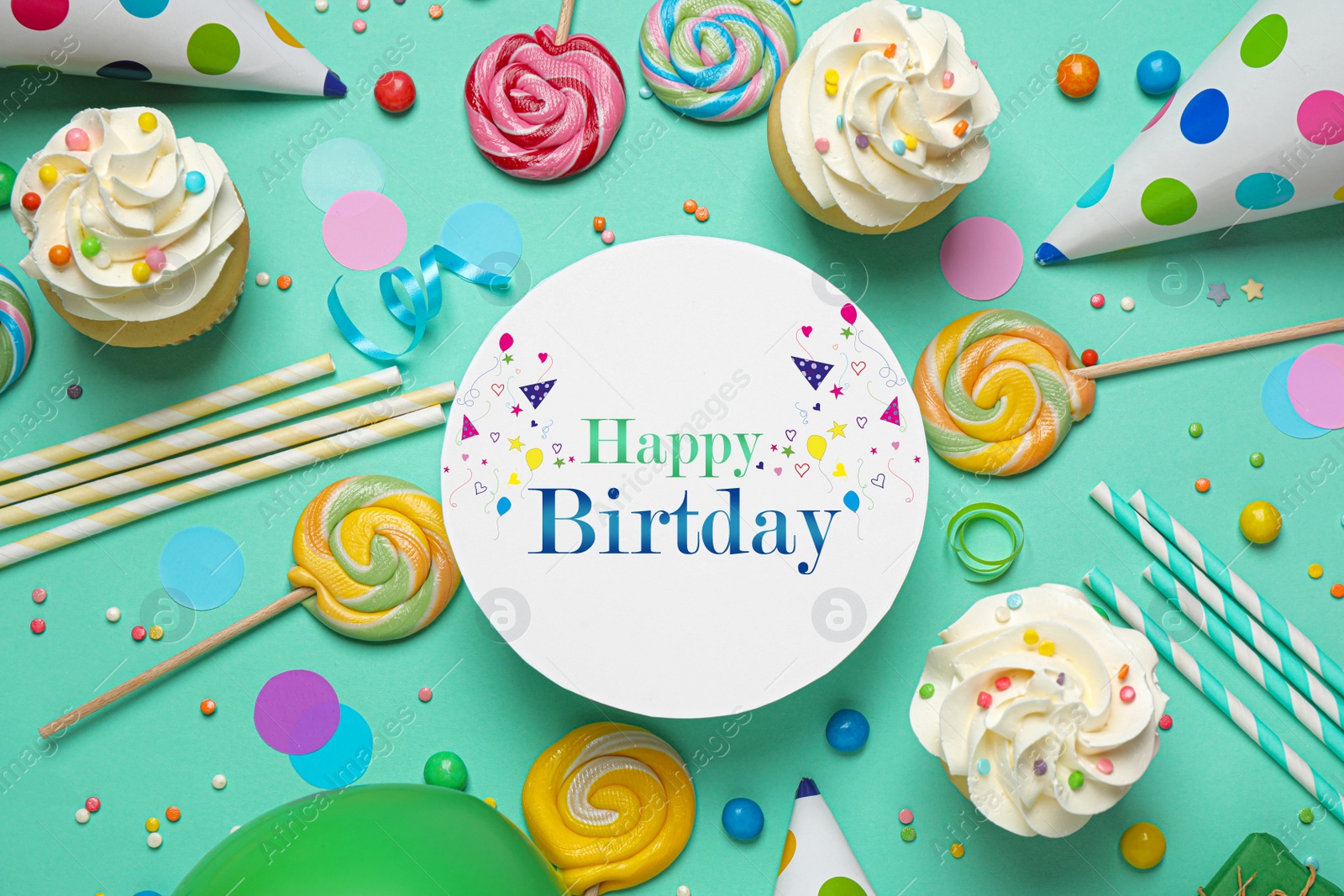 Image of Flat lay composition with delicious cupcakes and text Happy Birthday on light green background