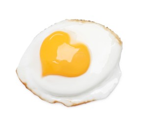 Image of Tasty fried egg with yolk in shape of heart on white background, top view