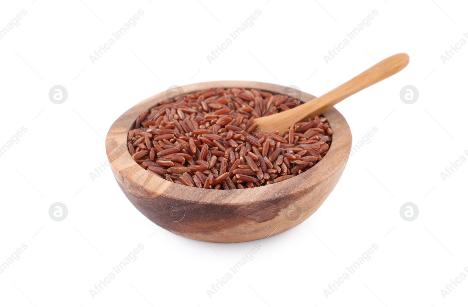 Photo of Raw red rice in bowl isolated on white